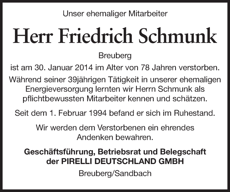  Traueranzeige für Friedrich Schmunk vom 08.02.2014 aus Odenwälder Echo