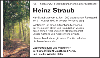 Traueranzeige von Heinz Straub von Odenwälder Echo