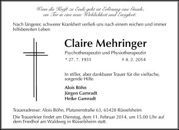Traueranzeige von Claire Mehringer von Rüsselsheimer Echo, Groß-Gerauer-Echo, Ried Echo