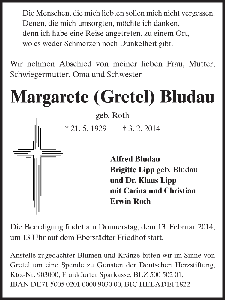  Traueranzeige für Margarete Bludau vom 08.02.2014 aus Echo-Zeitungen (Gesamtausgabe)