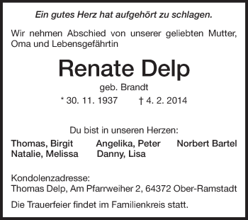 Traueranzeige von Renate Delp von Darmstädter Echo, Odenwälder Echo, Rüsselsheimer Echo, Groß-Gerauer-Echo, Ried Echo
