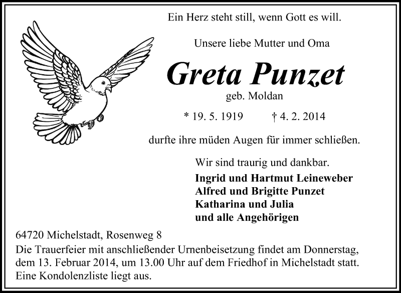  Traueranzeige für Greta Punzet vom 08.02.2014 aus Odenwälder Echo