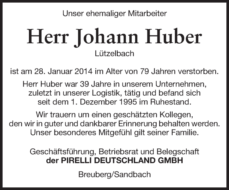  Traueranzeige für Johann Huber vom 10.02.2014 aus Odenwälder Echo
