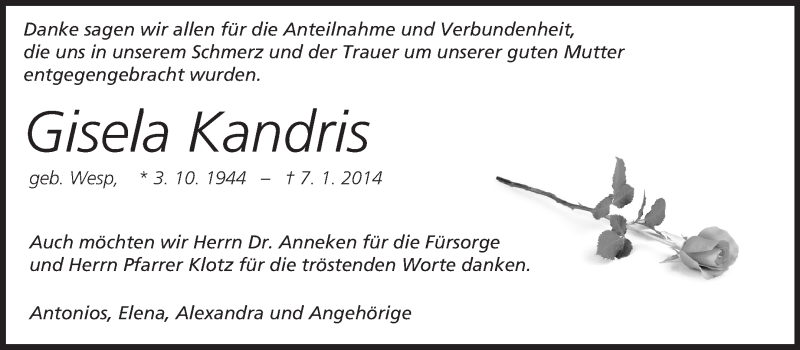  Traueranzeige für Gisela Kandris vom 08.02.2014 aus Odenwälder Echo