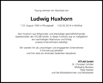 Traueranzeige von Ludwig Huxhorn von Echo-Zeitungen (Gesamtausgabe)
