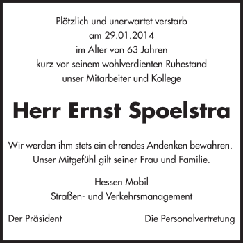 Traueranzeige von Ernst Spoelstra von Odenwälder Echo