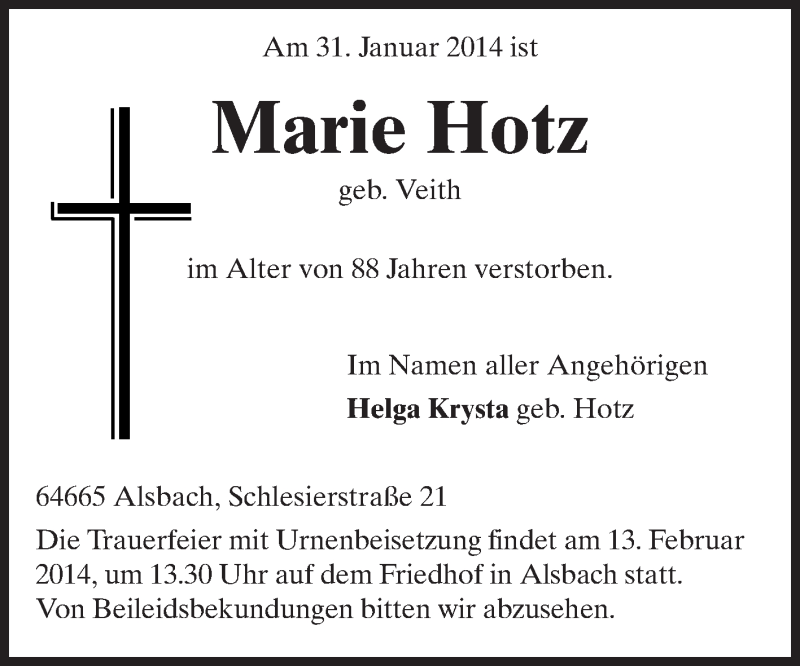  Traueranzeige für Marie Hotz vom 08.02.2014 aus Echo-Zeitungen (Gesamtausgabe)