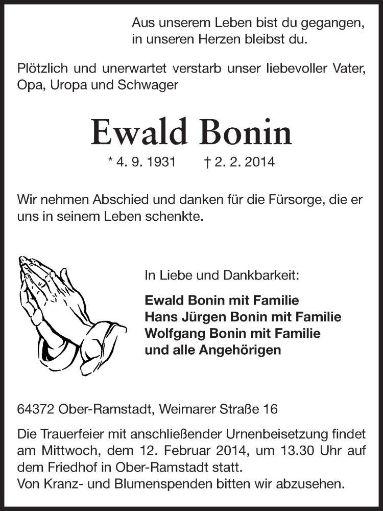  Traueranzeige für Ewald Bonin vom 08.02.2014 aus Echo-Zeitungen (Gesamtausgabe)
