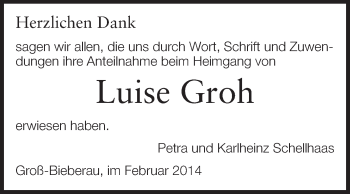 Traueranzeige von Luise Groh von Echo-Zeitungen (Gesamtausgabe)