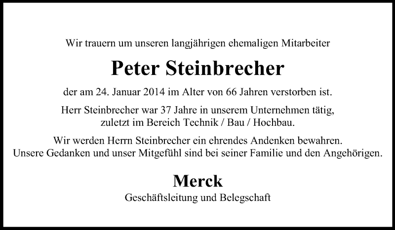  Traueranzeige für Peter Steinbrecher vom 10.02.2014 aus Echo-Zeitungen (Gesamtausgabe)