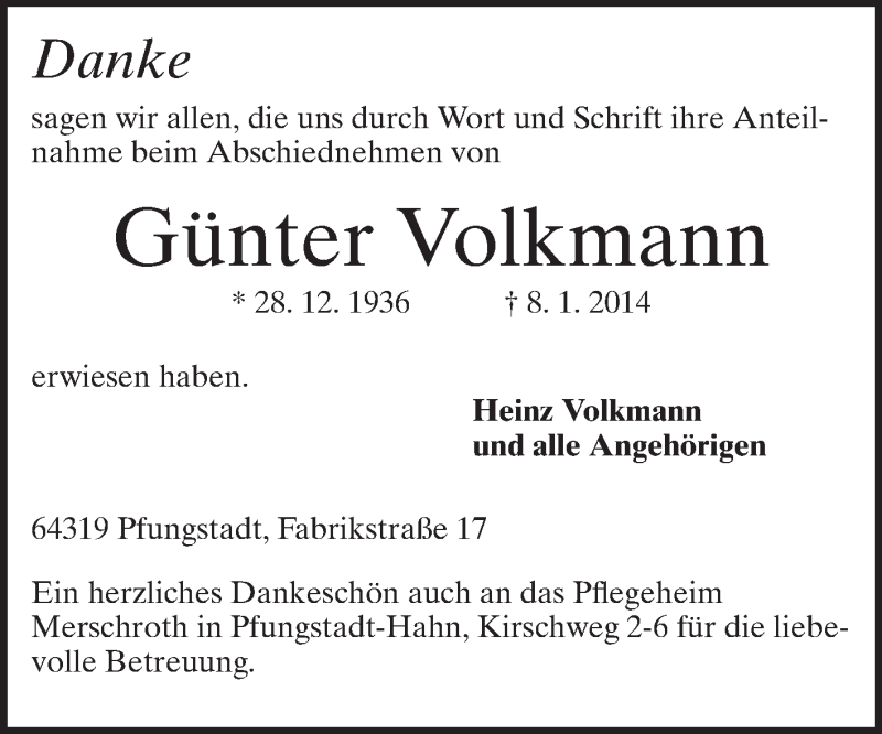  Traueranzeige für Günter Volkmann vom 08.02.2014 aus Echo-Zeitungen (Gesamtausgabe)