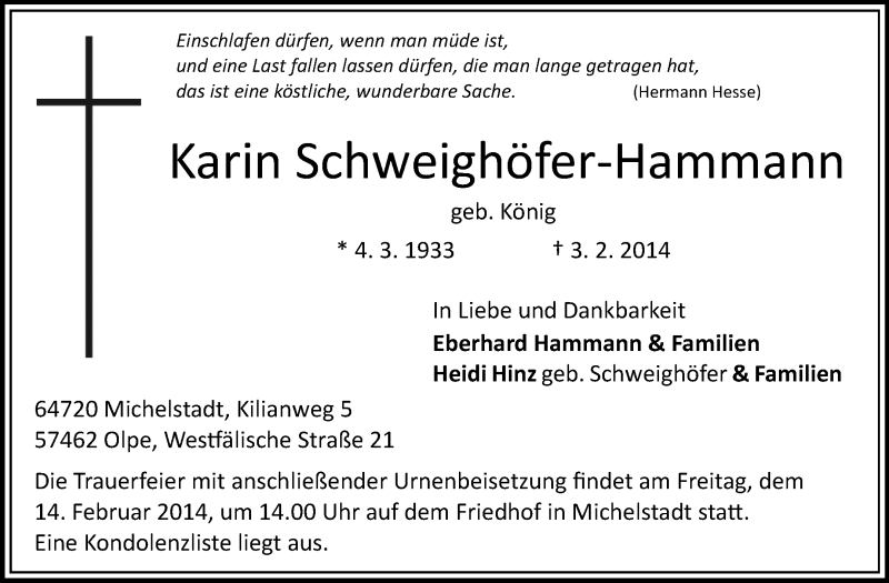  Traueranzeige für Karin Schweighöfer-Hammann vom 12.02.2014 aus Odenwälder Echo