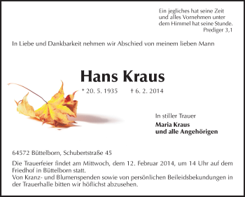 Traueranzeige von Hans Kraus von Echo-Zeitungen (Gesamtausgabe)
