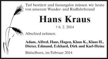 Traueranzeige von Hans Kraus von Rüsselsheimer Echo, Groß-Gerauer-Echo, Ried Echo