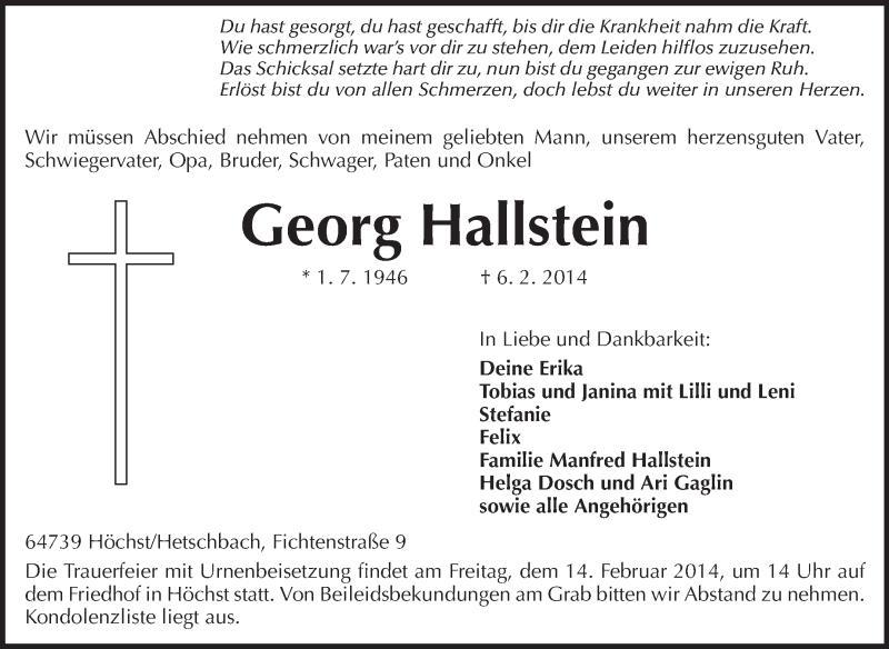  Traueranzeige für Georg Hallstein vom 11.02.2014 aus Odenwälder Echo
