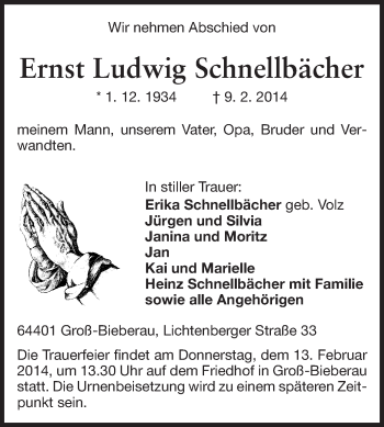 Traueranzeige von Ernst Ludwig Schnellbächer von Echo-Zeitungen (Gesamtausgabe)