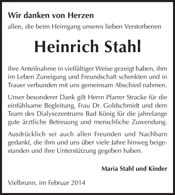 Traueranzeige von Heinrich Stahl von Odenwälder Echo