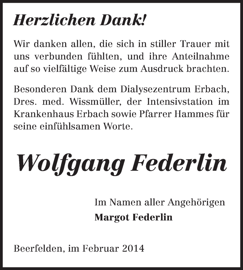  Traueranzeige für Wolfgang Federlin vom 13.02.2014 aus Odenwälder Echo