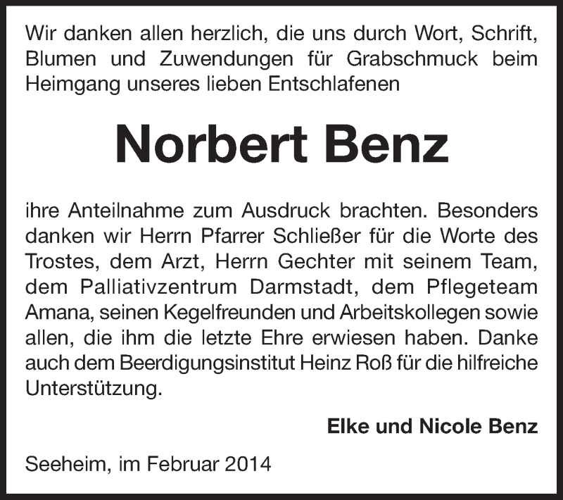  Traueranzeige für Norbert Benz vom 12.02.2014 aus Echo-Zeitungen (Gesamtausgabe)