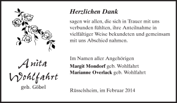 Traueranzeige von Anita Wohlfahrt von Rüsselsheimer Echo, Groß-Gerauer-Echo, Ried Echo