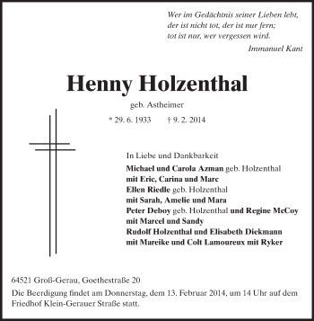 Traueranzeige von Henny Holzenthal von Rüsselsheimer Echo, Groß-Gerauer-Echo, Ried Echo