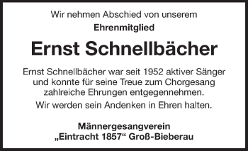 Traueranzeige von Ernst Schnellbächer von Echo-Zeitungen (Gesamtausgabe)
