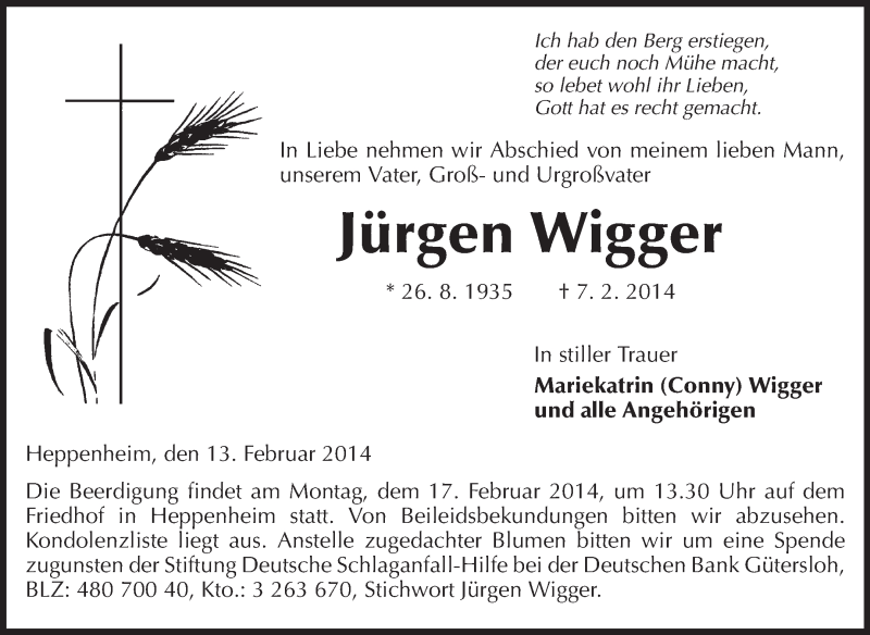  Traueranzeige für Jürgen Wigger vom 13.02.2014 aus Starkenburger Echo