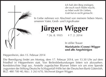 Traueranzeige von Jürgen Wigger von Starkenburger Echo