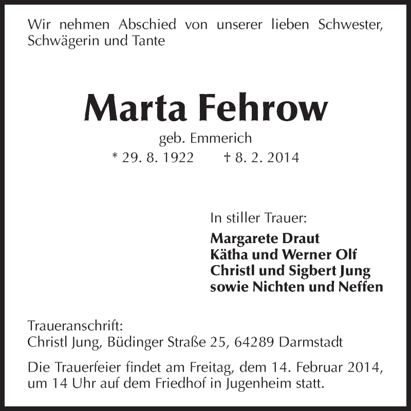  Traueranzeige für Marta Fehrow vom 12.02.2014 aus Echo-Zeitungen (Gesamtausgabe)
