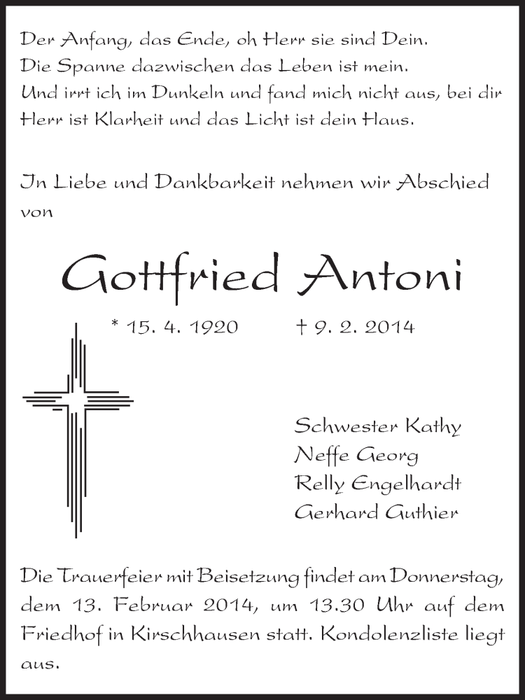  Traueranzeige für Gottfried Antoni vom 12.02.2014 aus Starkenburger Echo