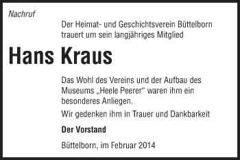 Traueranzeige von Hans Kraus von Rüsselsheimer Echo, Groß-Gerauer-Echo, Ried Echo