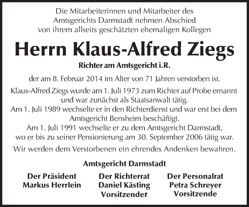  Traueranzeige für Klaus-Alfred Ziegs vom 12.02.2014 aus Echo-Zeitungen (Gesamtausgabe)