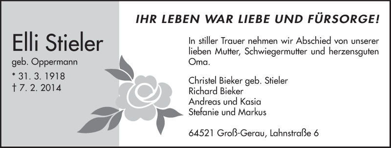  Traueranzeige für Elli Stieler vom 15.02.2014 aus Echo-Zeitungen (Gesamtausgabe)