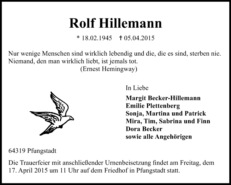  Traueranzeige für Rolf Hillemann vom 11.04.2015 aus Echo-Zeitungen (Gesamtausgabe)