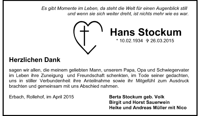  Traueranzeige für Hans Stockum vom 25.04.2015 aus Odenwälder Echo
