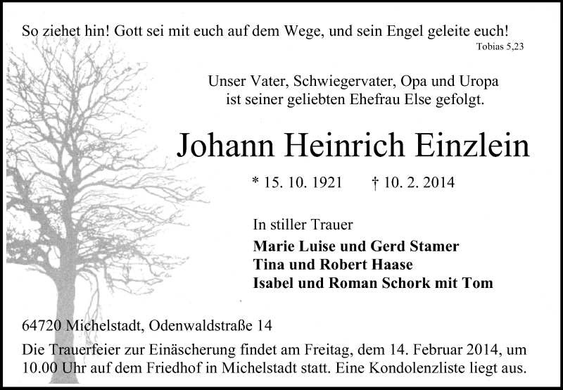 Traueranzeige für Johann Heinrich Einzlein vom 12.02.2014 aus Odenwälder Echo