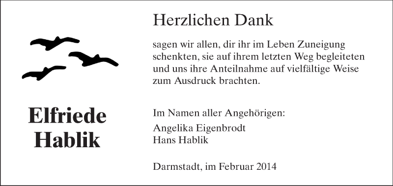  Traueranzeige für Elfriede Hablik vom 15.02.2014 aus Echo-Zeitungen (Gesamtausgabe)