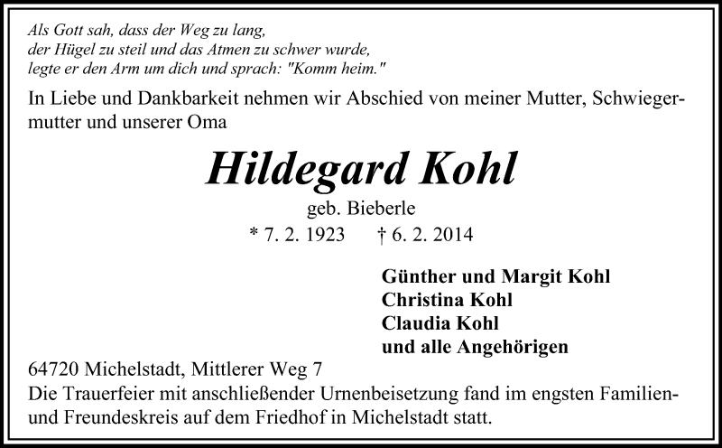  Traueranzeige für Hildegard Kohl vom 22.02.2014 aus Odenwälder Echo