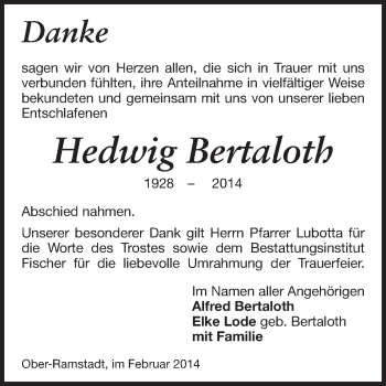 Traueranzeige von Hedwig Bertaloth von Echo-Zeitungen (Gesamtausgabe)