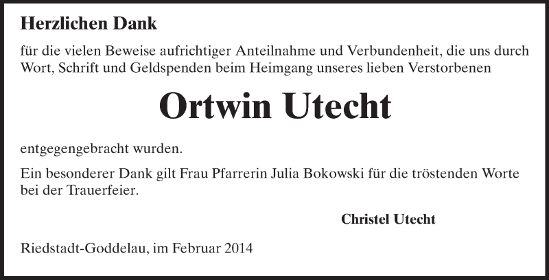  Traueranzeige für Ortwin Utecht vom 12.02.2014 aus Echo-Zeitungen (Gesamtausgabe)