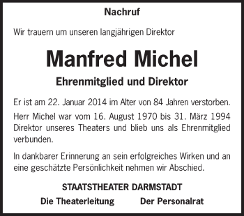 Traueranzeige von Manfred Michel von Echo-Zeitungen (Gesamtausgabe)