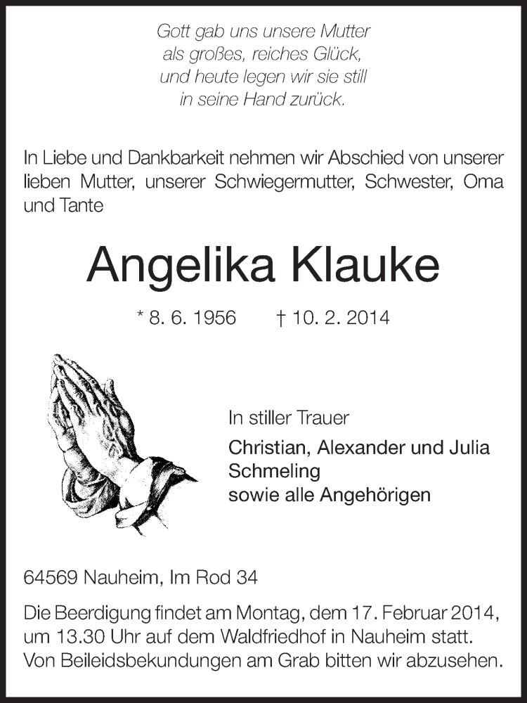  Traueranzeige für Angelika Klauke vom 14.02.2014 aus Rüsselsheimer Echo, Groß-Gerauer-Echo, Ried Echo