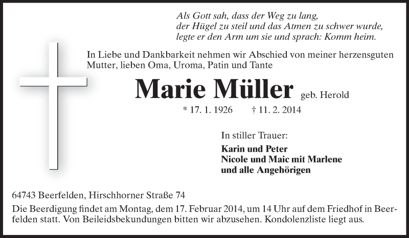  Traueranzeige für Marie Müller vom 14.02.2014 aus Odenwälder Echo
