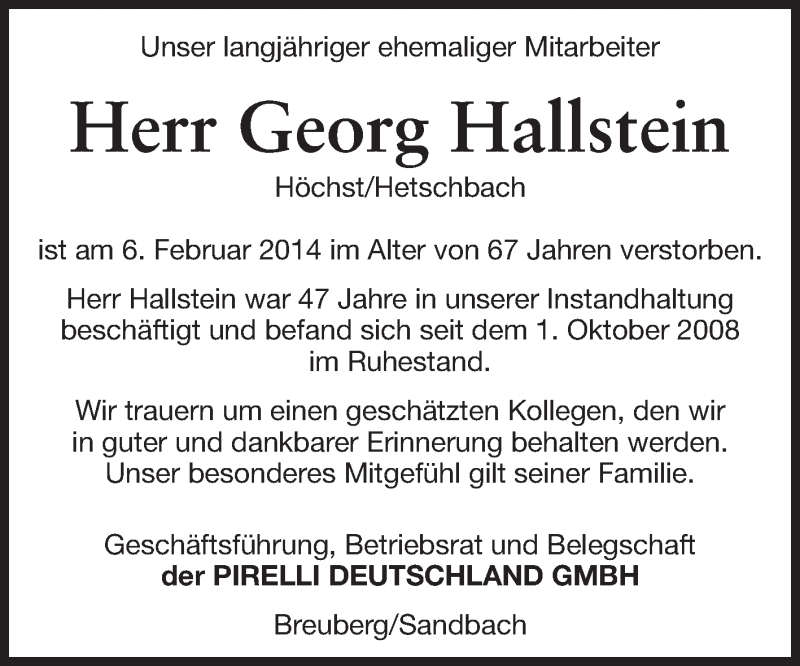  Traueranzeige für Georg Hallstein vom 14.02.2014 aus Odenwälder Echo