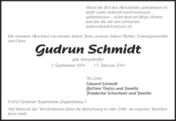 Traueranzeige von Gudrun Schmidt von Echo-Zeitungen (Gesamtausgabe)