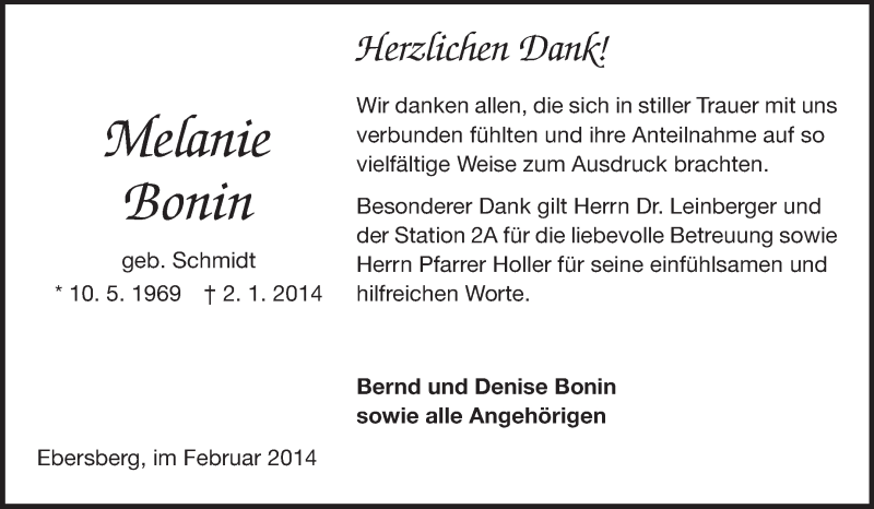  Traueranzeige für Melanie Bonin vom 15.02.2014 aus Odenwälder Echo