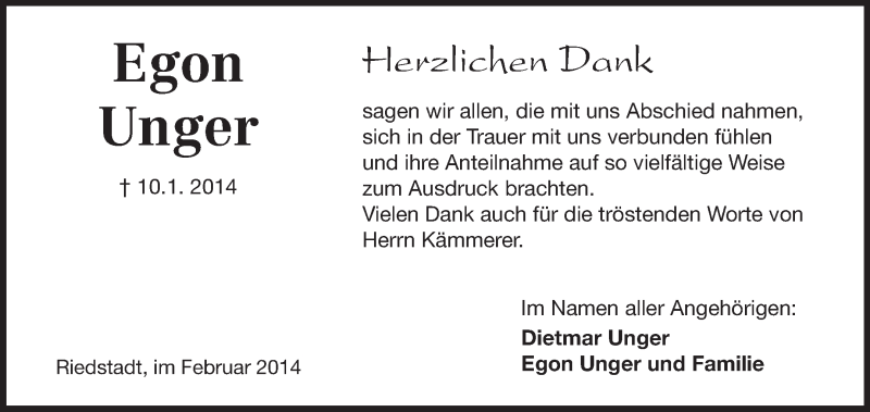  Traueranzeige für Egpm Unger vom 15.02.2014 aus Rüsselsheimer Echo, Groß-Gerauer-Echo, Ried Echo
