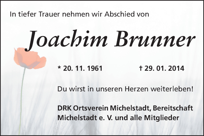  Traueranzeige für Joachim Brunner vom 13.02.2014 aus Odenwälder Echo