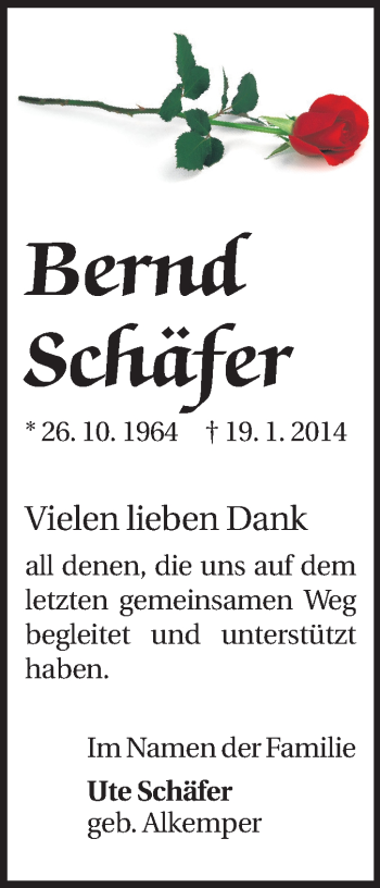 Traueranzeige von Bernd Schäfer von Echo-Zeitungen (Gesamtausgabe)