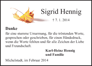 Traueranzeige von Sigrid Hennig von Odenwälder Echo